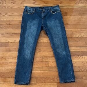 Essentials Bronze Studded Blue Jeans Distressed Denim Straight Leg Size 10